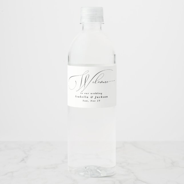 Black & White Minimalist Calligraphy Wedding Water Bottle Label (Front)