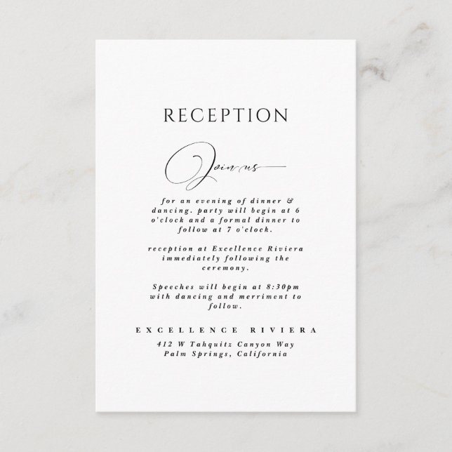 Black & White Minimalist Chic Wedding Reception Enclosure Card (Front)