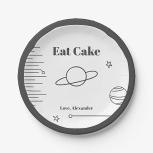 Black White Minimalist Eat Cake Space Theme Planet Paper Plate