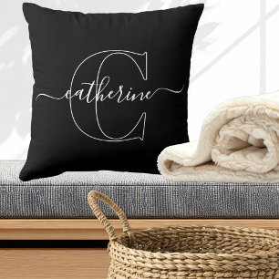 Black White Minimalist Elegant Script Monogram Throw Pillow