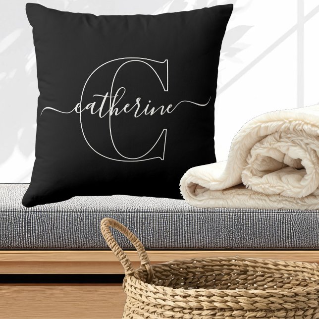 Black White Minimalist Elegant Script Monogram Throw Pillow (Custom First Name Initial Monogram Minimalist Typography Black Throw Pillow)