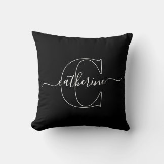 Black White Minimalist Elegant Script Monogram Throw Pillow