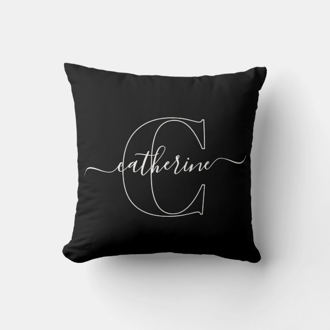 Black White Minimalist Elegant Script Monogram Throw Pillow (Front)