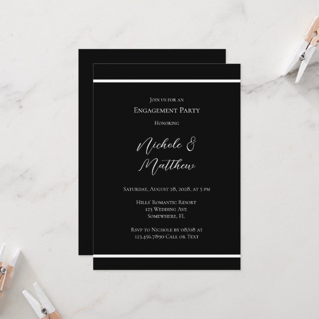 Black & White Minimalist Engagement Party Invitation (Front/Back In Situ)