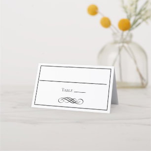 Black White Minimalist Flourish Wedding Place Card