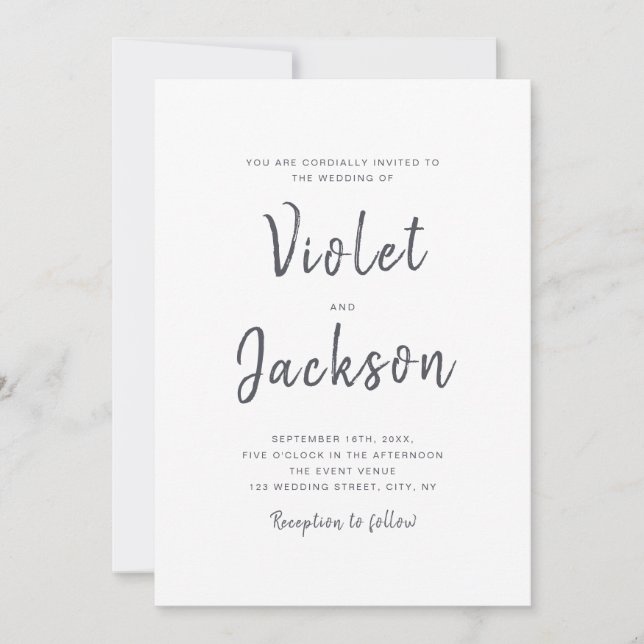 Black white minimalist handwritten script wedding invitation (Front)