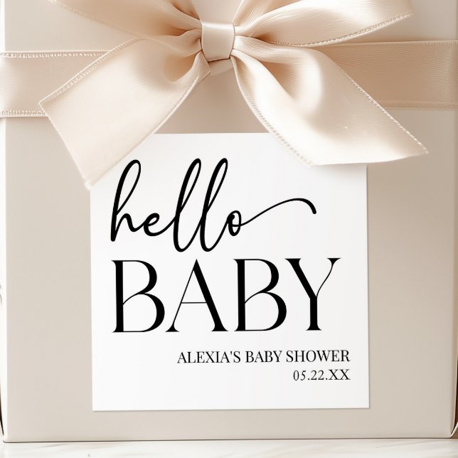 Black White Minimalist Hello Baby Baby Shower Square Sticker (Creator Uploaded)