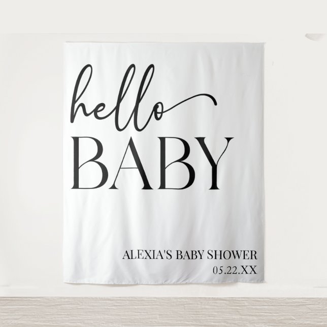 Black White Minimalist Hello Baby Baby Shower Tapestry (Front)