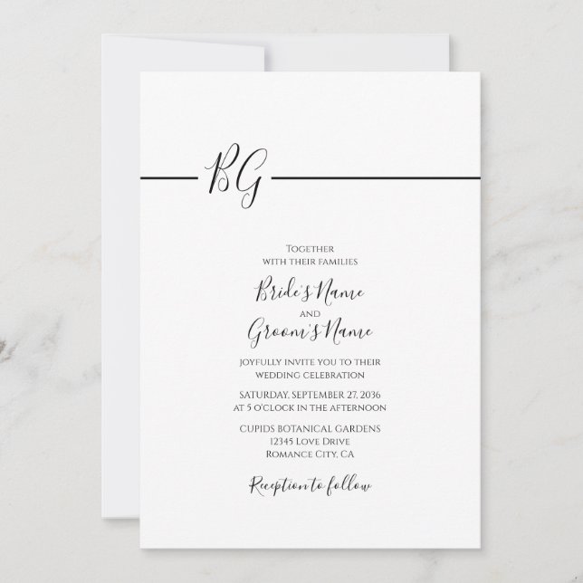 Black & White Minimalist Monogram Wedding  Invitation (Front)