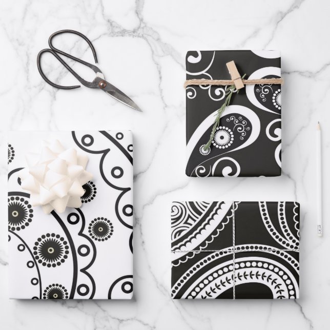 Black White Minimalist Paisley Wrapping Paper Sheet (Front)