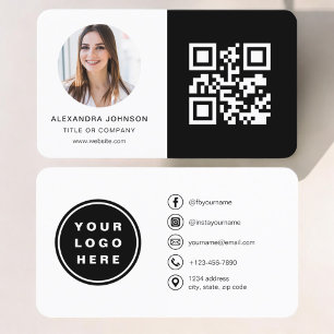 Black White Minimalist Photo QR Code Social Media Business Card