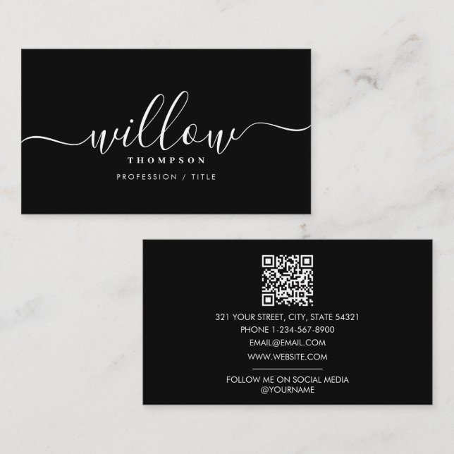 Black White Minimalist Script QR Code Business Card (Front/Back)