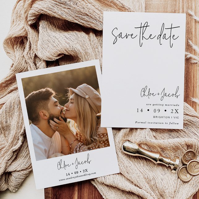 Black White Minimalist Script Save The Date Card (Minimalist wedding save the date featuring some modern calligraphy text and couples photo. )