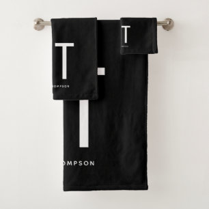 Black & White Minimalist Simple Modern Monogram Bath Towel Set