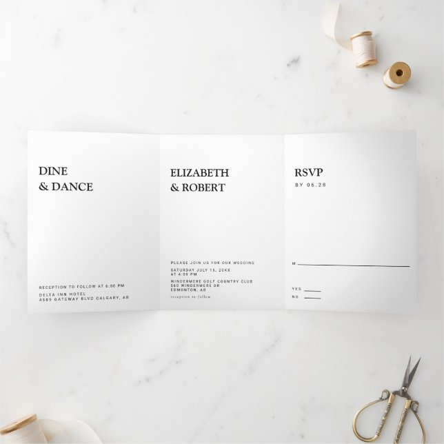 Black & white Minimalist Simple Modern wedding Inv Tri-Fold Invitation (Inside)