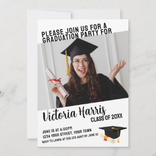 Black White Minimalist Slant Photo Fun Graduation Invitation