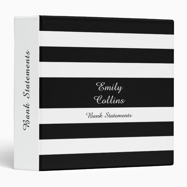 Black & White Minimalist Stripes Pattern Name Text Binder (Front/Spine)
