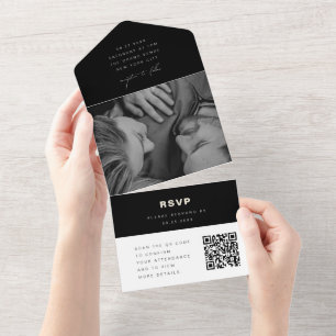 Black White Minimalist Wedding Photo QR Code RSVP All In One Invitation