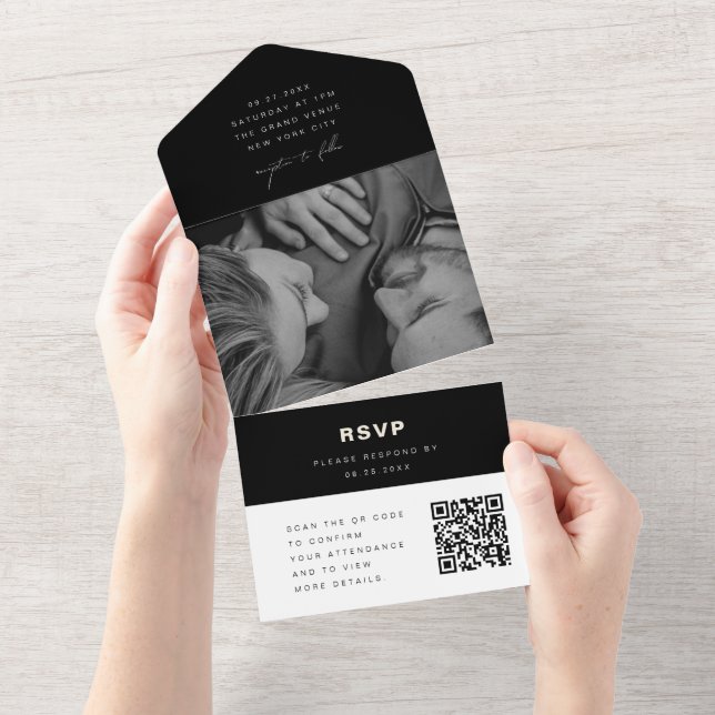 Black White Minimalist Wedding Photo QR Code RSVP All In One Invitation (Tearaway)