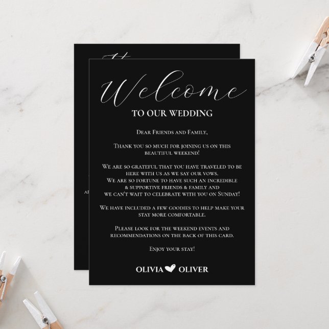 Black & white minimalist wedding weekend itinerary (Front/Back In Situ)