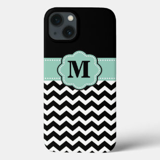 Black White Mint Green Chevron Monogram iPhone 13 Case