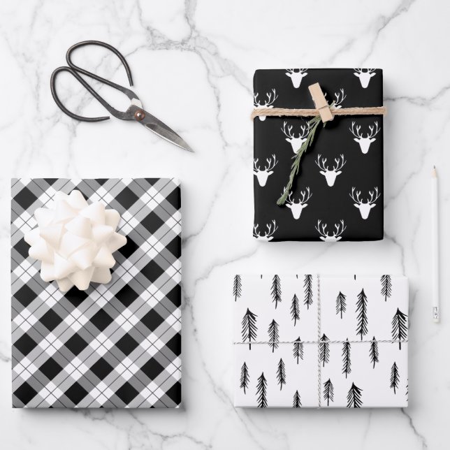 Black White Mixed Rustic Patterns Deer Woods Plaid Wrapping Paper Sheet (Front)