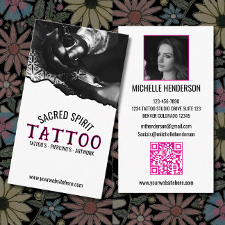 Black & White Modern 2 Photo QR Code Tattooist Business Card
