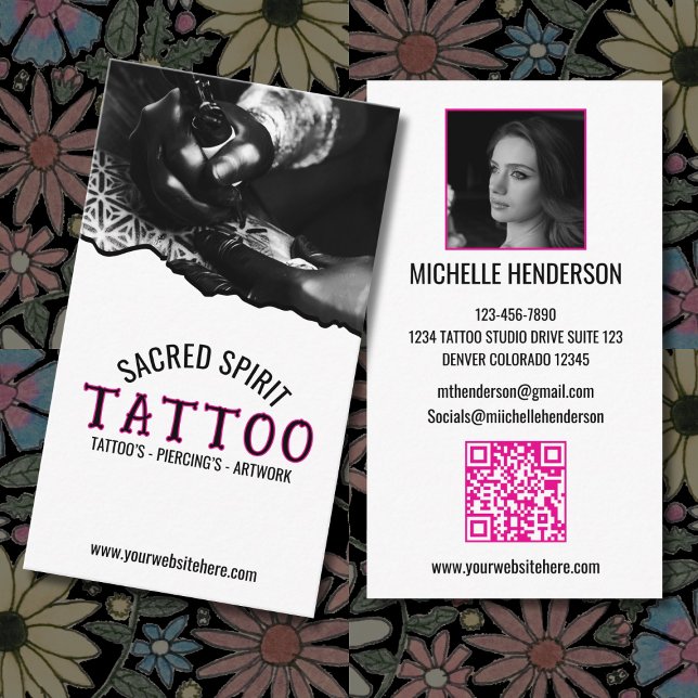 Black & White Modern 2 Photo QR Code Tattooist Business Card (Creator Uploaded)