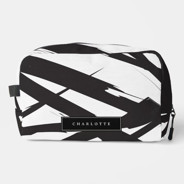 Black & White Modern Abstract Art Line Custom Name Dopp Kit (Front)