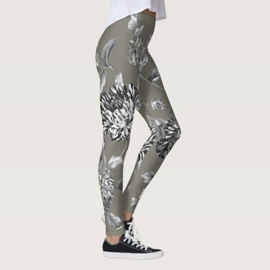 Black White Modern Botanical Floral Toile Taupe Leggings