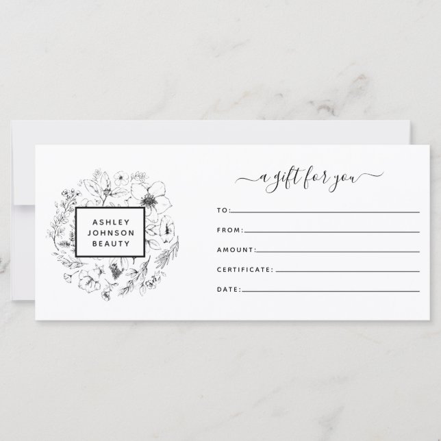 Black & White Modern Botanical Gift Certificate (Front)