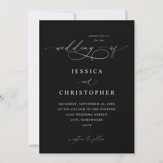 Black & White Modern Calligraphy 3 Wedding - Black Invitation (Front)
