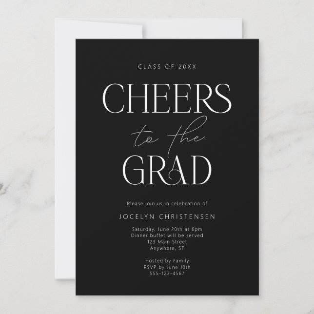 Black White Modern Cheers Grad Party Invitation (Devant)