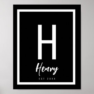 Black & White Modern Chic Name Nursery Initial  Poster