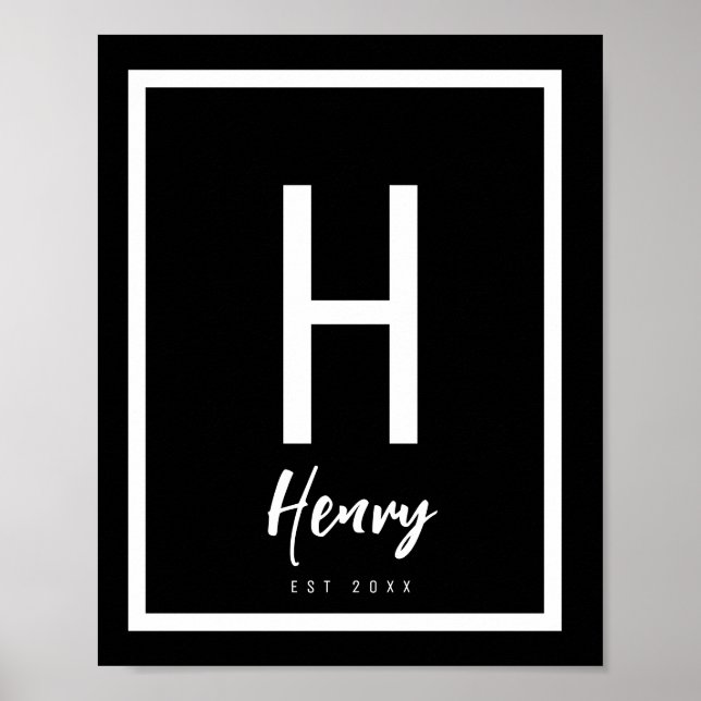 Black & White Modern Chic Name Nursery Initial  Poster (Front)