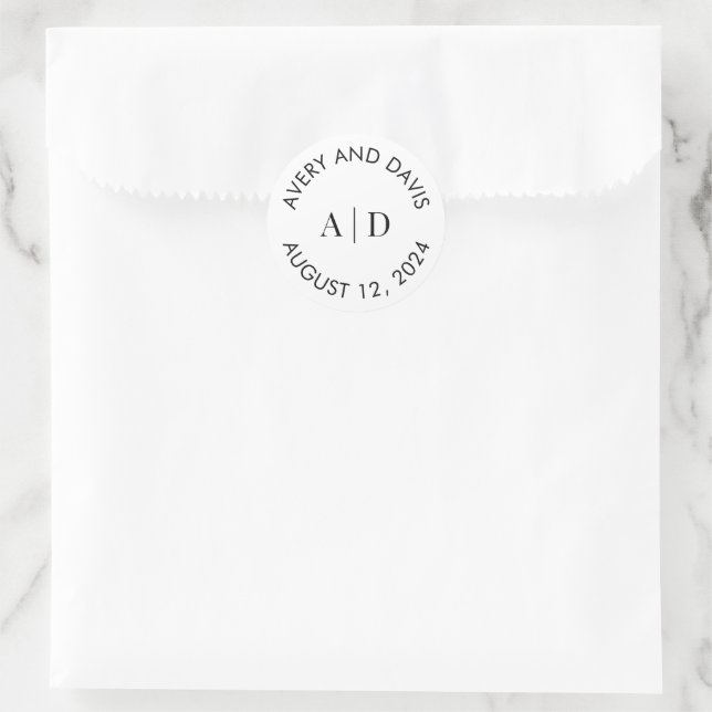 Black White Modern Custom Wedding Monogram Classic Round Sticker (Bag)
