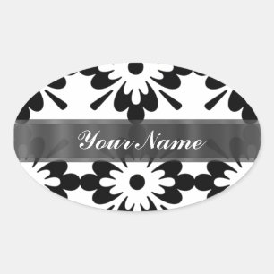 Black & white modern damask oval sticker