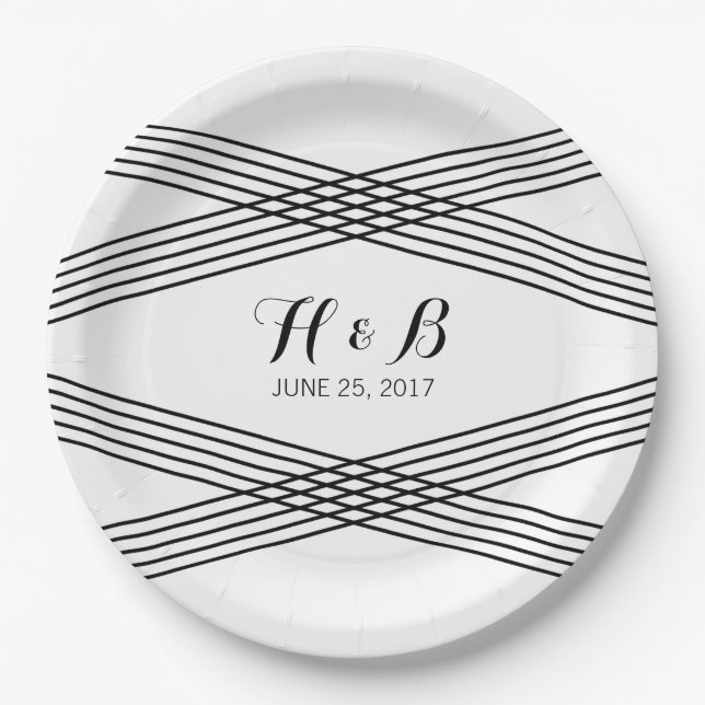 Black White Modern Deco Paper Plates (Front)