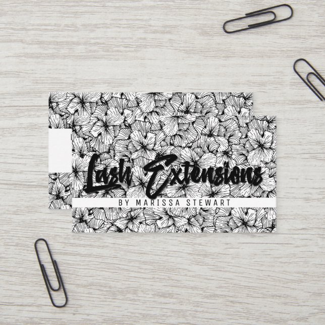 Black White Modern Drawn Flowers Lash Extensions Business Card (Front/Back In Situ)