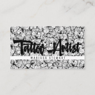Black White Modern Drawn Flowers Tattoo Artist Business Card