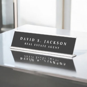 Black White Modern Elegant Professional Classy Desk Name Plate