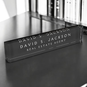 Black White Modern Elegant Professional Classy Nameplate