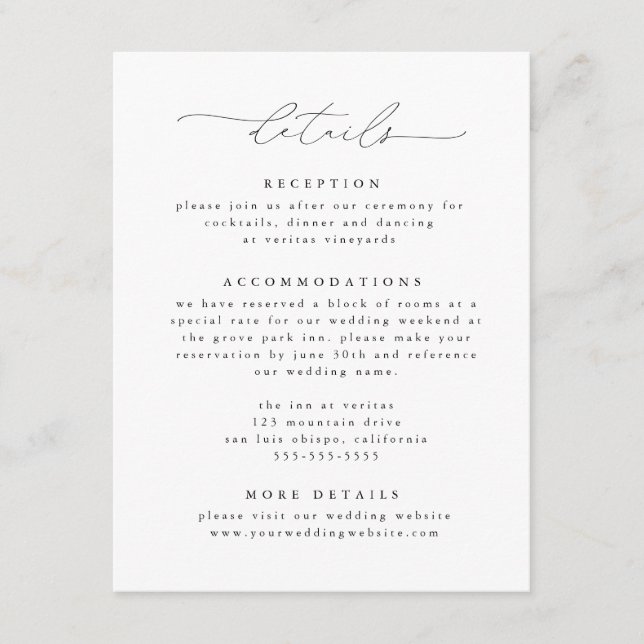 Black & White Modern Elegant Wedding Details Enclosure Card (Front)