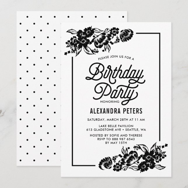 Black & White Modern Floral Accents Birthday Party Invitation (Front/Back)