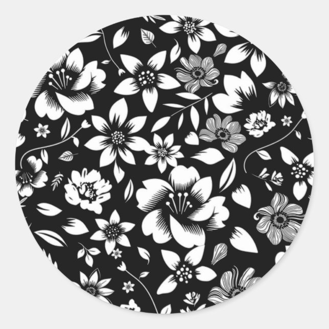 Black White Modern Floral Leaves Blowing Classic Round Sticker (Front)