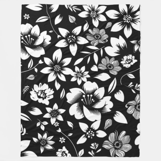 Black White Modern Floral Leaves Blowing Fleece Blanket (Front)