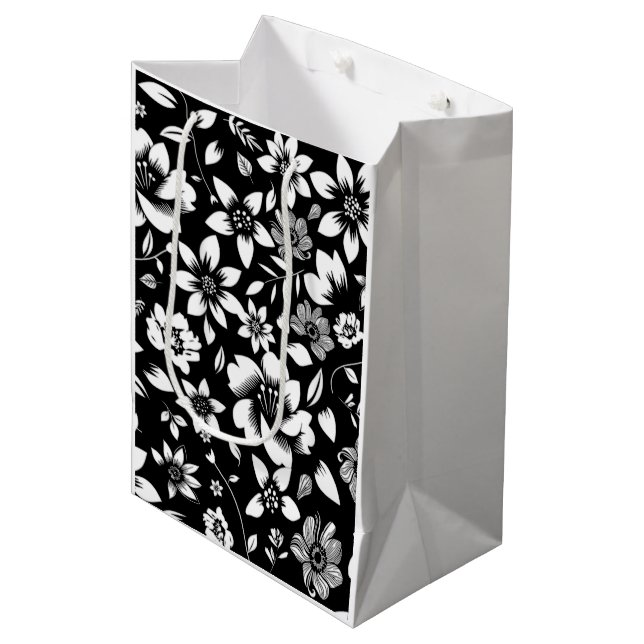 Black White Modern Floral Leaves Blowing Medium Gift Bag (Front Angled)