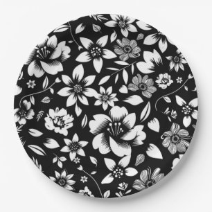 Black White Modern Floral Leaves Blowing Paper Plate