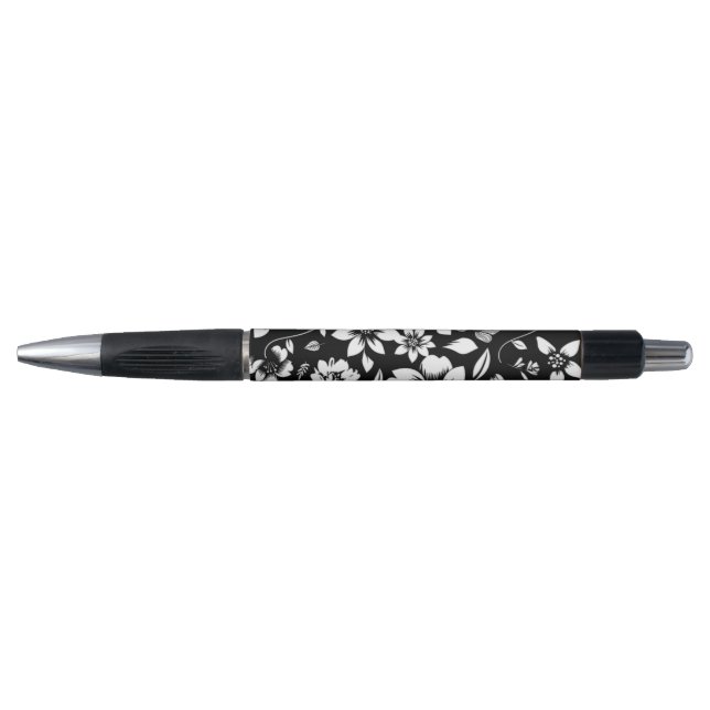 Black White Modern Floral Leaves Blowing Pen (Front)