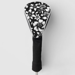 Black White Modern Floral Leaves Blowing Print Golf Head Cover